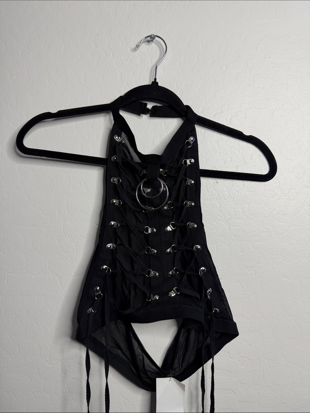 Black Lace-Up Halter Bodysuit with Central O-Ring Detail